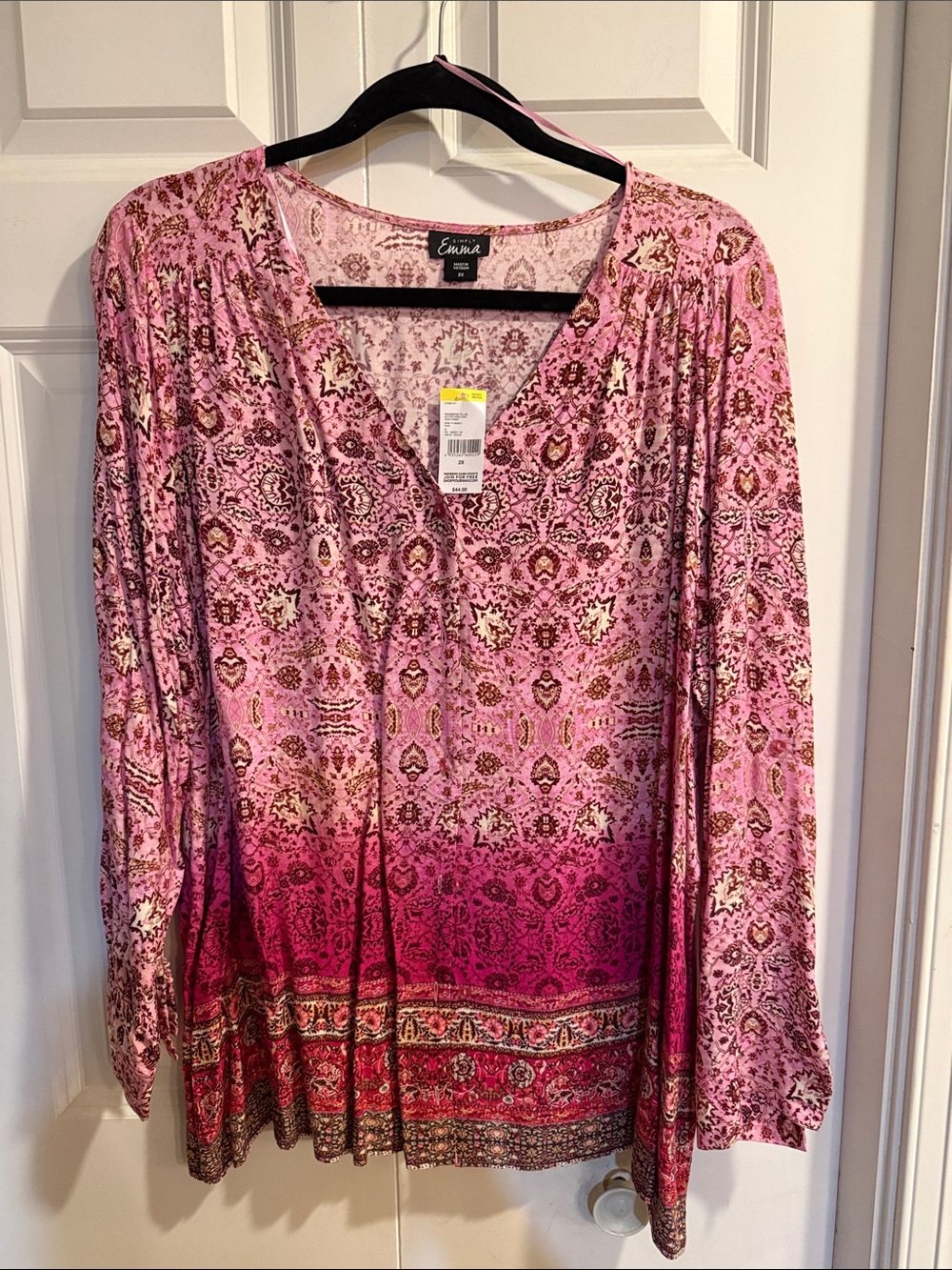 Simply Emma Pink Patterned Long-Sleeve V-Neck Blouse